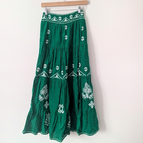 Anthropologie Mitra Embroidered Maxi Skirt Green - Picture 2 of 10